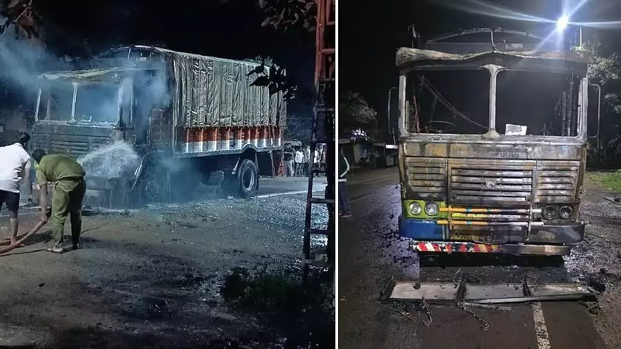 ಐನಾಪುರದಲ್ಲಿ ಗೋಮಾಂಸ ಸಾಗಾಟ ಶಂಕೆ: ಲಾರಿಗೆ ಬೆಂಕಿ, ಎಂಟು ಮಂದಿ ಬಂಧನ