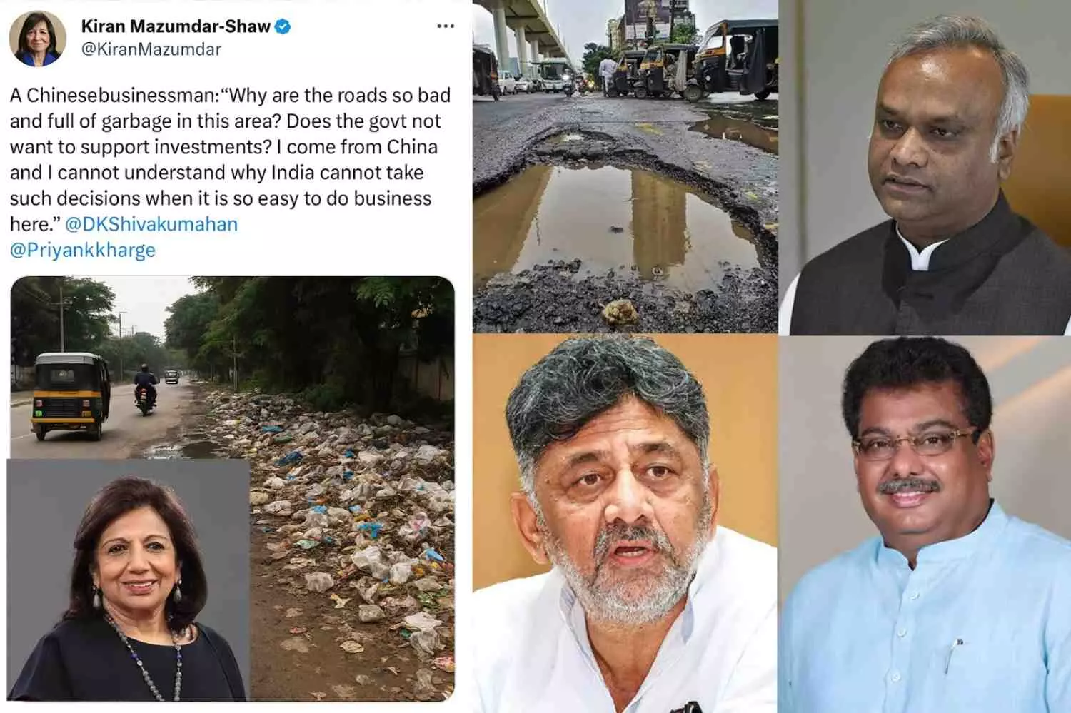 ಬೆಂಗಳೂರಿನ ರಸ್ತೆ ಗುಂಡಿಗಳ ಅವ್ಯವಸ್ಥೆ: ಕಿರಣ್ ಮಜುಮ್ದಾರ್ ಟ್ವೀಟ್, ಸರ್ಕಾರಕ್ಕೆ ಮತ್ತೆ ತೀವ್ರ ಮುಜುಗರ ಬೆಂಗಳೂರಿನ ರಸ್ತೆ ಗುಂಡಿಗಳ ಅವ್ಯವಸ್ಥೆ: ಕಿರಣ್ ಮಜುಮ್ದಾರ್ ಟ್ವೀಟ್, ಸರ್ಕಾರಕ್ಕೆ ಮತ್ತೆ ತೀವ್ರ ಮುಜುಗರ