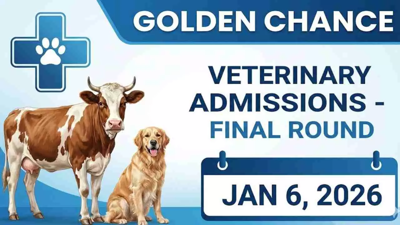 ಪಶುವೈದ್ಯಕೀಯ ಸೀಟು ಆಕಾಂಕ್ಷಿಗಳಿಗೆ ಗೋಲ್ಡನ್ ಚಾನ್ಸ್; ಅಂತಿಮ ಸುತ್ತಿನ ಸೀಟು ಹಂಚಿಕೆ ದಿನಾಂಕ ಪ್ರಕಟ ಪಶುವೈದ್ಯಕೀಯ ಸೀಟು ಆಕಾಂಕ್ಷಿಗಳಿಗೆ ಗೋಲ್ಡನ್ ಚಾನ್ಸ್; ಅಂತಿಮ ಸುತ್ತಿನ ಸೀಟು ಹಂಚಿಕೆ ದಿನಾಂಕ ಪ್ರಕಟ