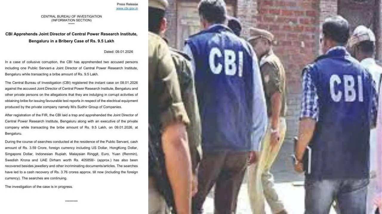 CBI hunt: CPRI Joint Director arrested for accepting bribe of Rs 9.5 lakh; Rs 3.76 crore recovered CBI hunt: CPRI Joint Director arrested for accepting bribe of Rs 9.5 lakh; Rs 3.76 crore recovered