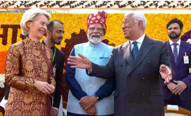 ಭಾರತದ 77ನೇ ಗಣರಾಜ್ಯೋತ್ಸವದ (2026) ಅಂಗವಾಗಿ ನವದೆಹಲಿಯ ಕರ್ತವ್ಯ ಪಥದಲ್ಲಿ ನಡೆದ ಪರೇಡ್‌ನಲ್ಲಿ ಯುರೋಪಿಯನ್ ಯೂನಿಯನ್ (EU) ನಾಯಕರು ಮುಖ್ಯ ಅತಿಥಿಗಳಾಗಿ ಭಾಗವಹಿಸಿದ್ದಾರೆ.