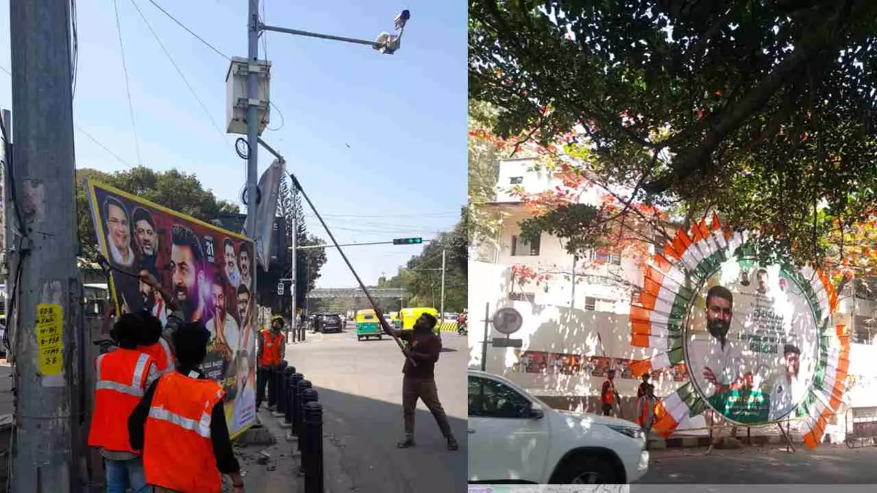ಬೆಂಗಳೂರಲ್ಲಿ ಬ್ಯಾನರ್ ಬೇಟೆ: ಎಂ.ಜಿ. ರೋಡ್, ಶಾಂತಿನಗರದಲ್ಲಿ ರಾಜಕೀಯ ಫ್ಲೆಕ್ಸ್‌ಗಳ ತೆರವು