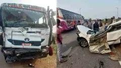 ಡಿವೈಡರ್ ಹಾರಿ ಲಾರಿಗೆ ಡಿಕ್ಕಿ ಹೊಡೆದ ಕಾರು, ಬೆಂಗಳೂರು ಮೂಲದ ಇಬ್ಬರು ಸ್ಥಳದಲ್ಲೇ ದುರ್ಮರಣ