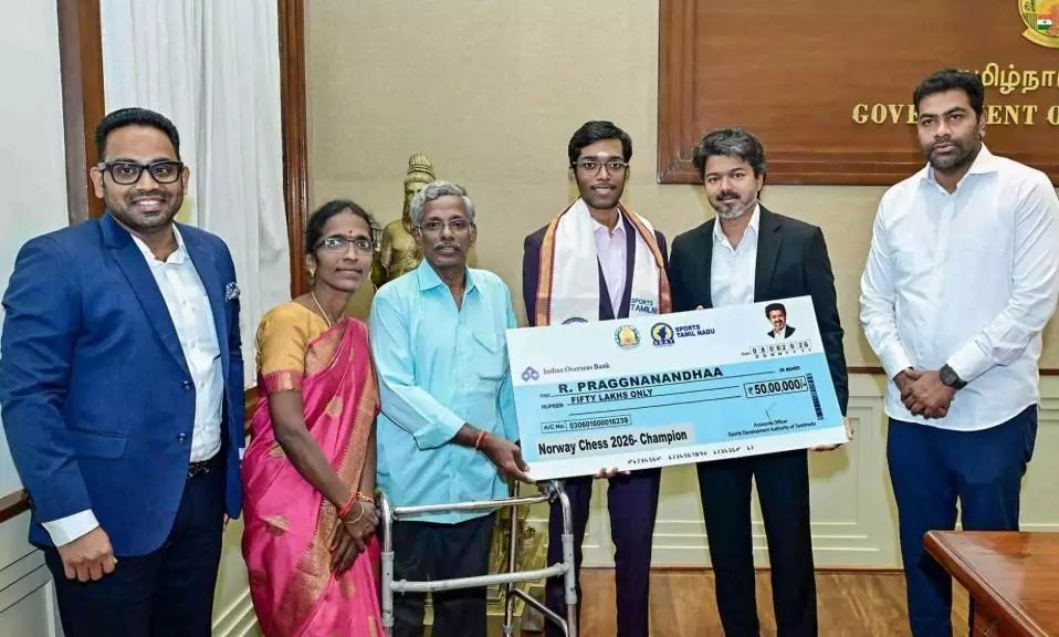 CM Vijay felicitates chess hero Gyanananda; Chess match in the ministry! CM Vijay felicitates chess hero Gyanananda; Chess match in the ministry!